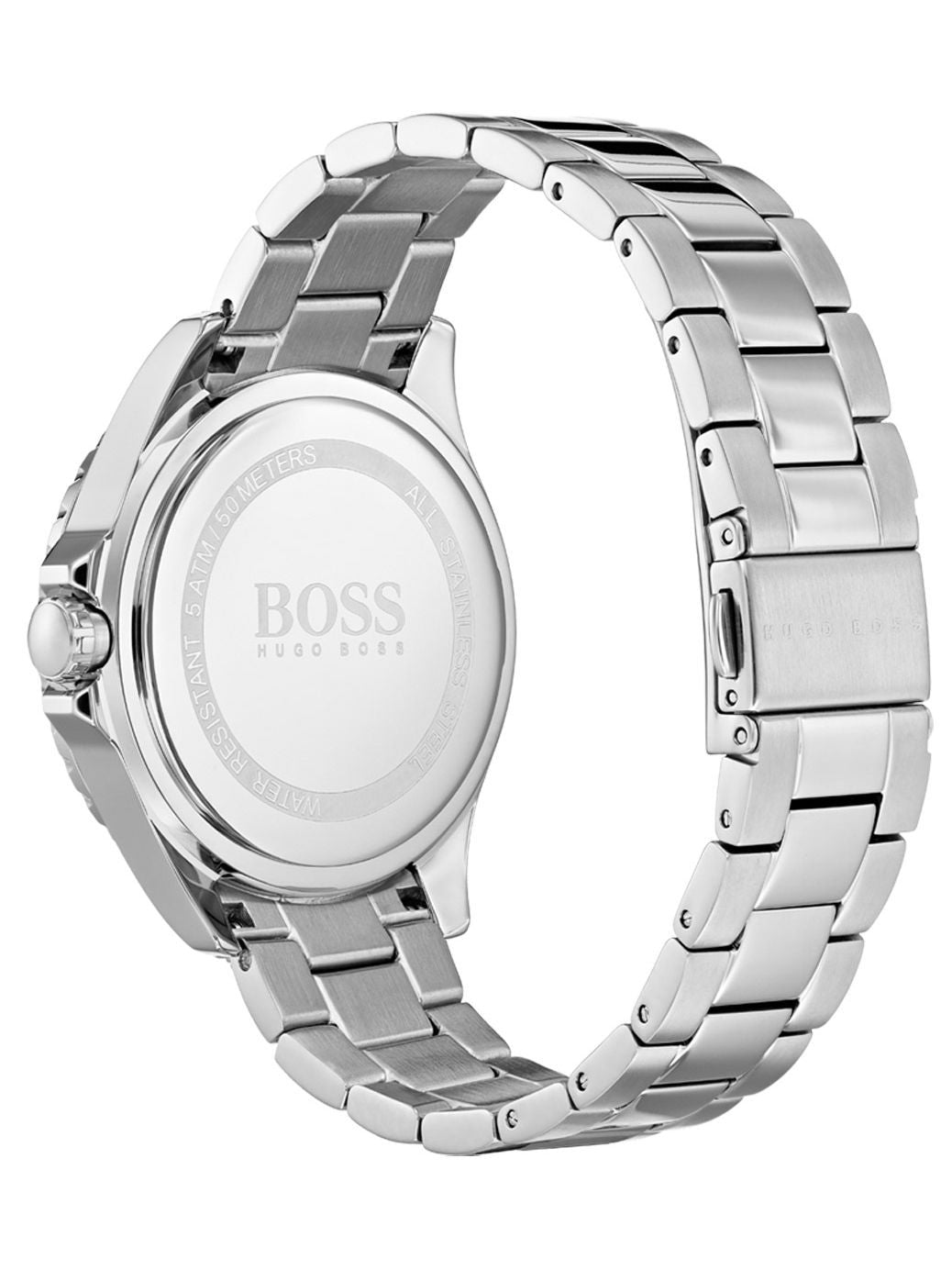 Hugo Boss Premiere watch case back with engraved BOSS logo and stainless steel bracelet
