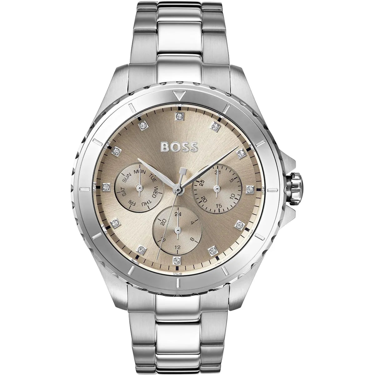Hugo Boss Premiere women's watch with rose gold dial and stainless steel bracelet