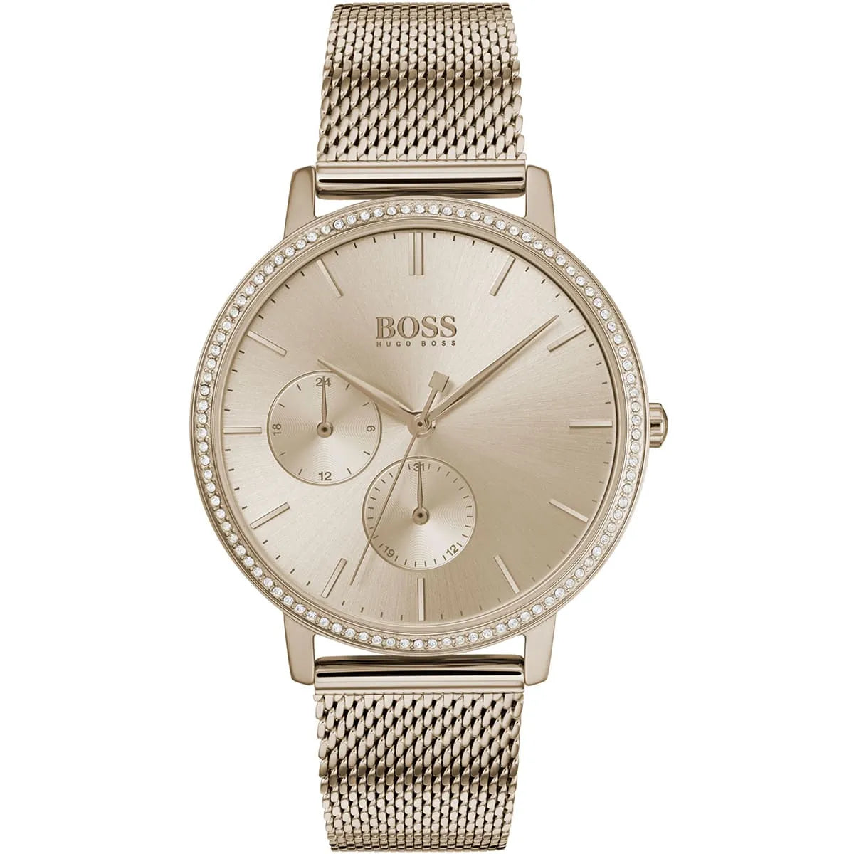 Hugo Boss Infinity rose gold women's watch with mesh bracelet and crystal bezel