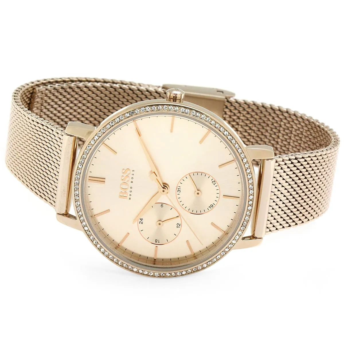 Hugo Boss Infinity women's watch on wrist showing rose gold dial and crystal bezel