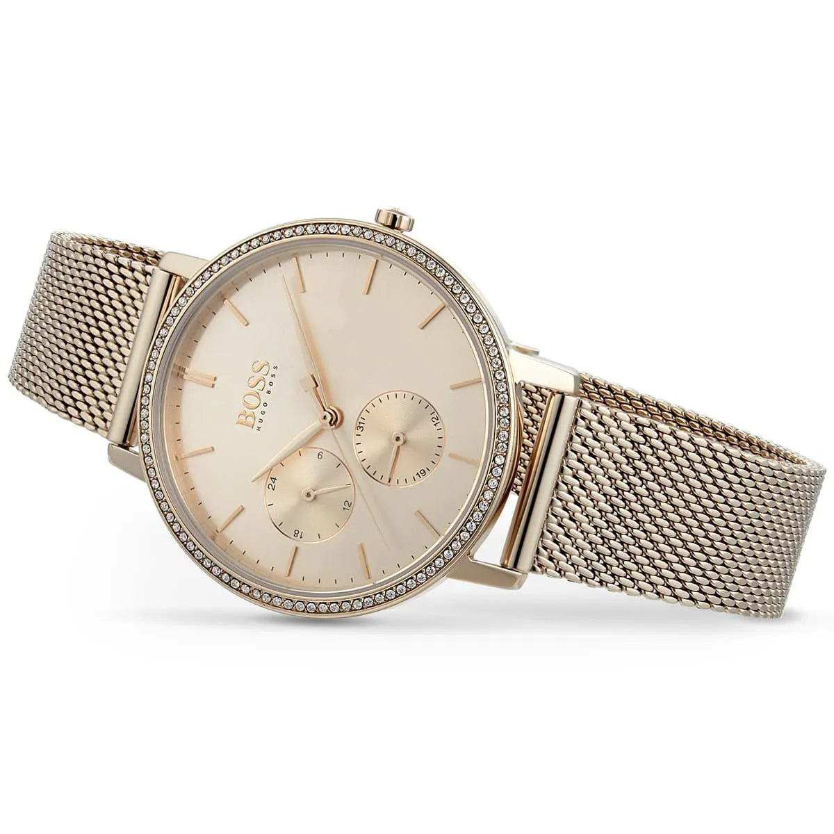 Hugo Boss Infinity watch showing mesh bracelet and rose gold case with sub-dials