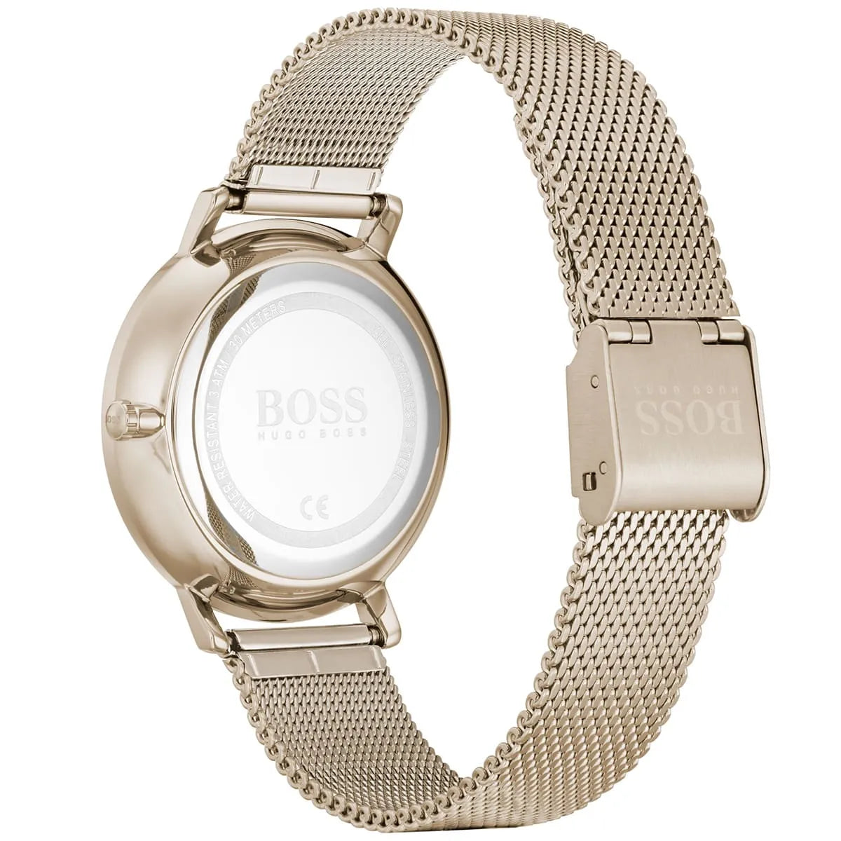 Hugo Boss Infinity watch side view displaying rose gold mesh bracelet and clasp