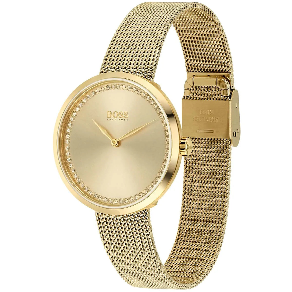 Hugo Boss Praise watch at angle showing crystal bezel and mesh strap detail