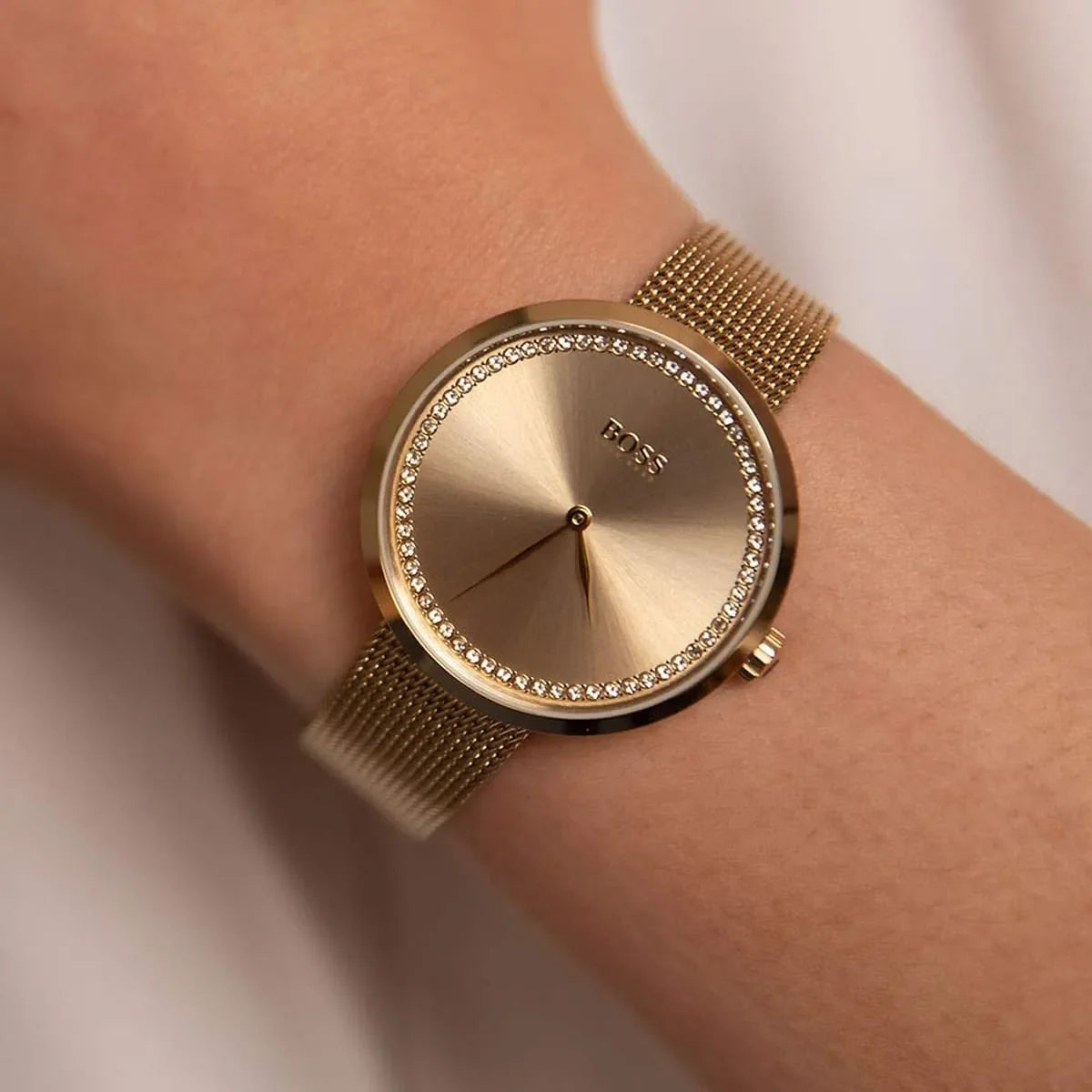 Hugo Boss Praise ladies watch worn on wrist with golden mesh strap