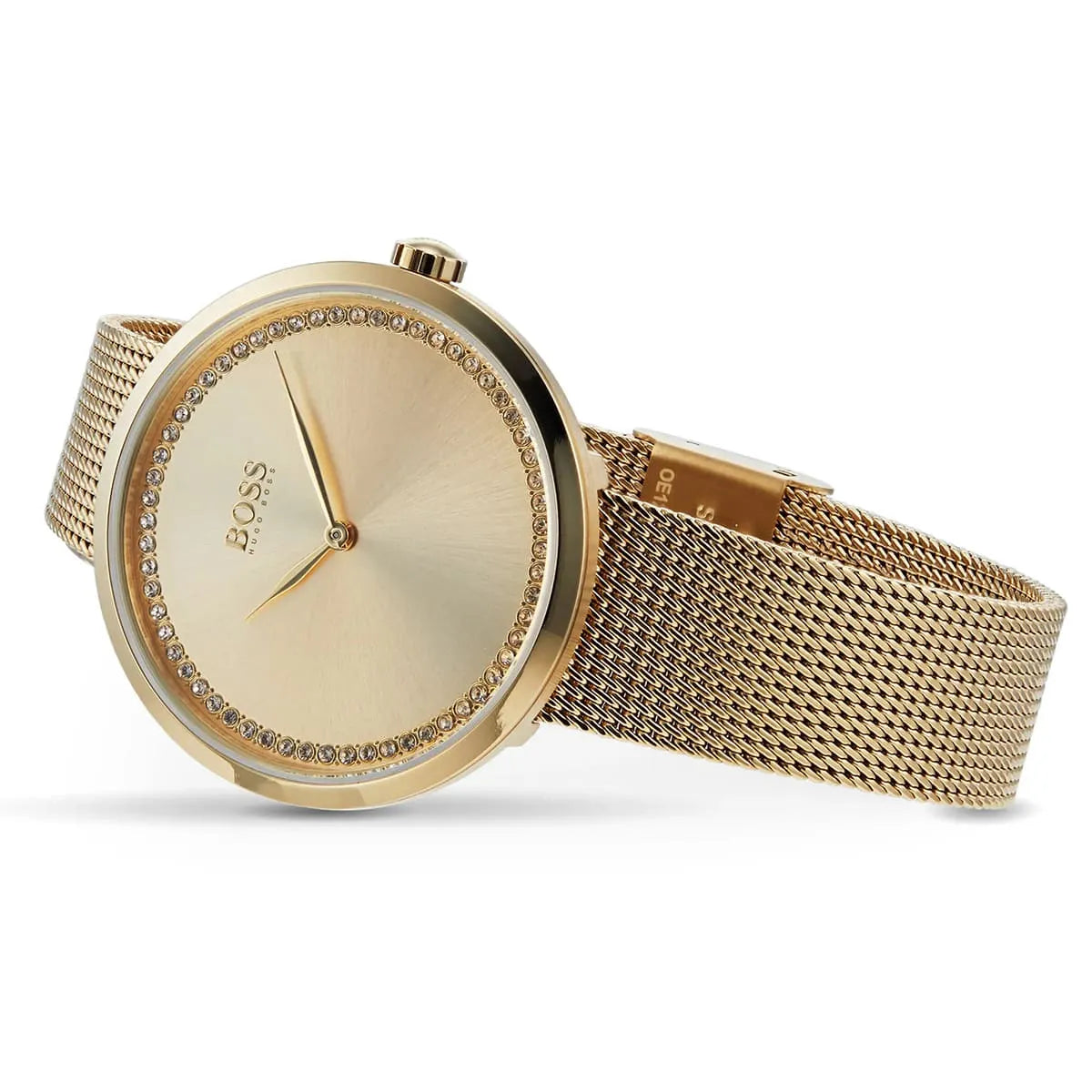 Side view of Hugo Boss Praise watch with golden mesh strap