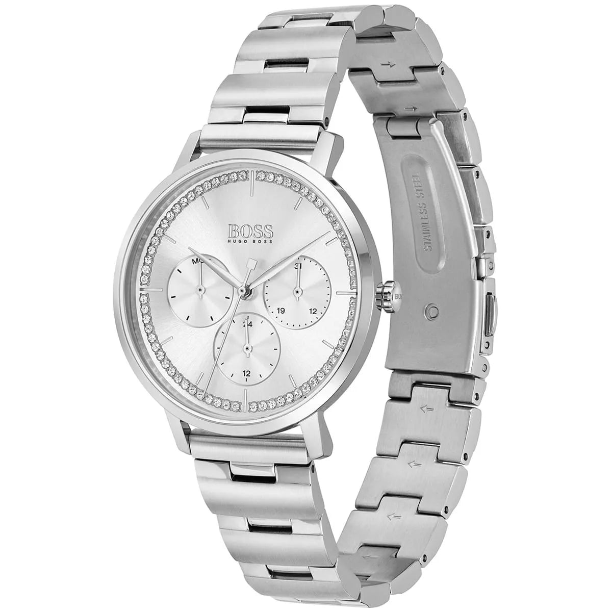 Hugo Boss Prima chronograph watch at angle showing full stainless steel bracelet and three subdials