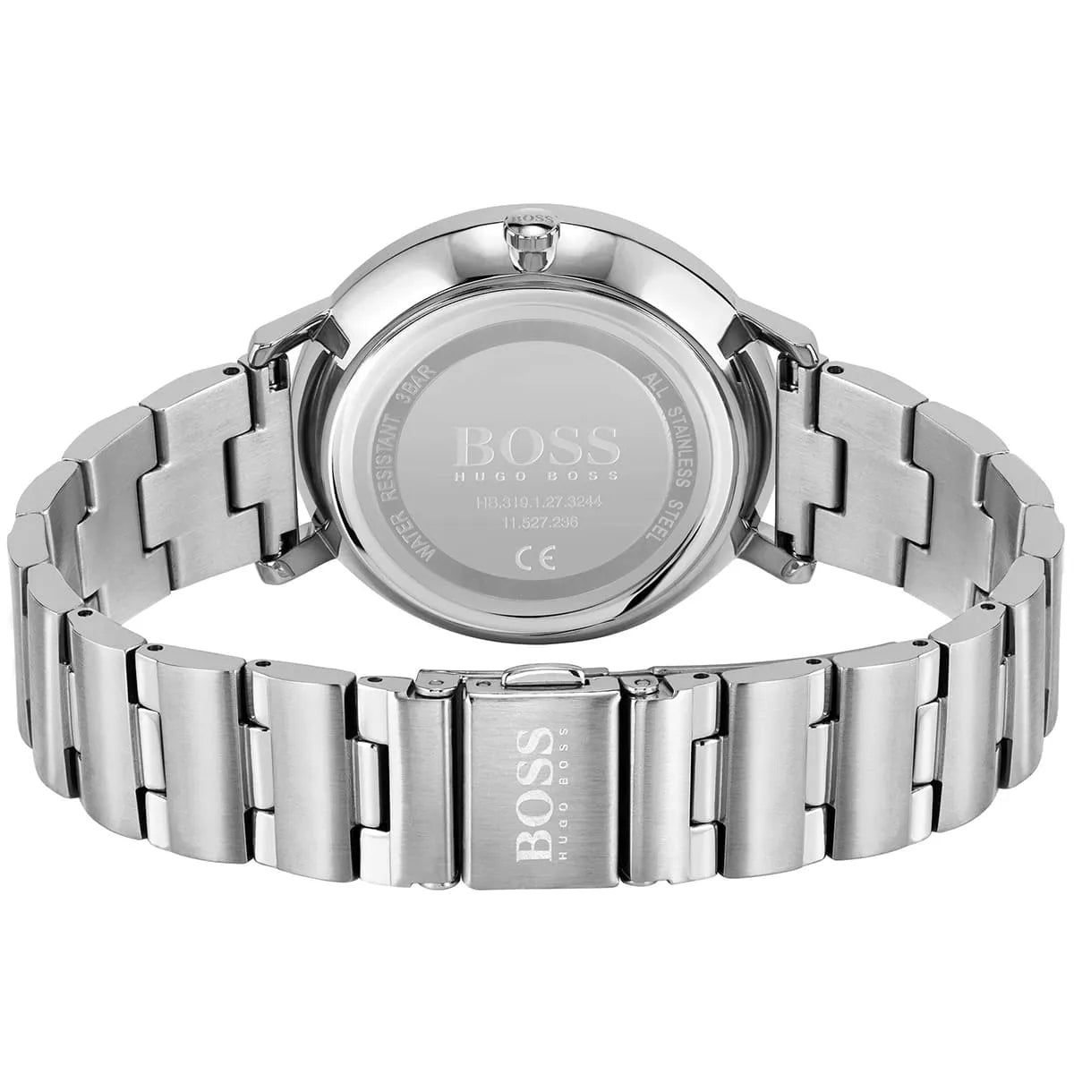 Hugo Boss Prima watch caseback showing engraved branding and stainless steel strap