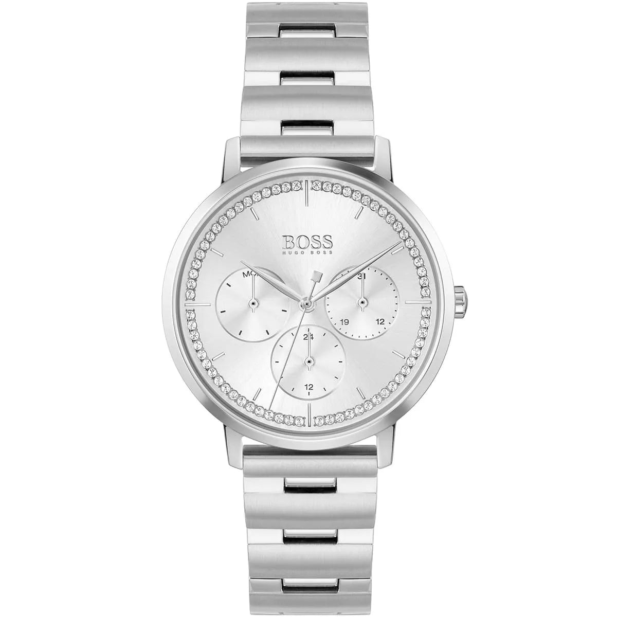 Hugo Boss Prima chronograph women's watch with silver dial and crystal bezel, stainless steel strap