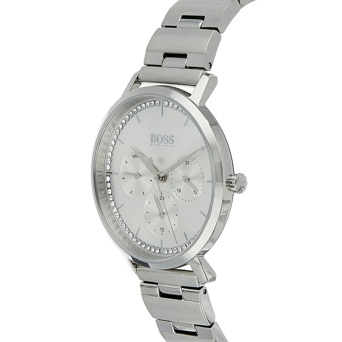 Hugo Boss Prima women's watch shown from side profile with stainless steel bracelet