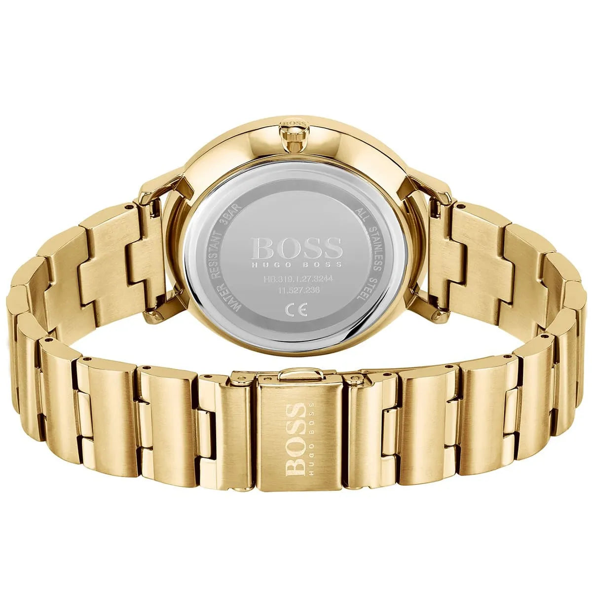 Back view of Hugo Boss Purity watch showing caseback with Hugo Boss branding and stainless steel back cover