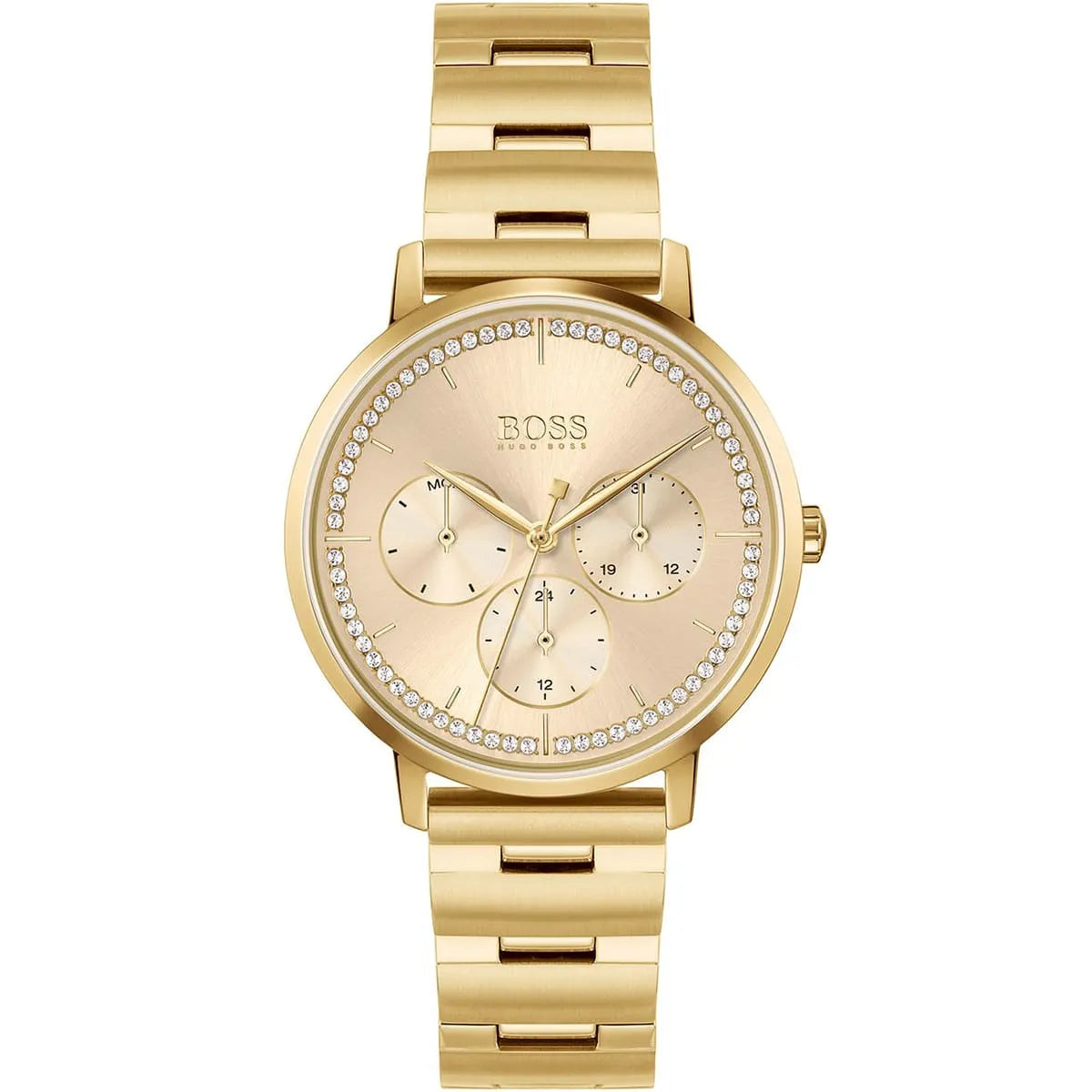 Hugo Boss Purity women's watch with champagne gold dial, crystal bezel, three subdials, and gold stainless steel strap