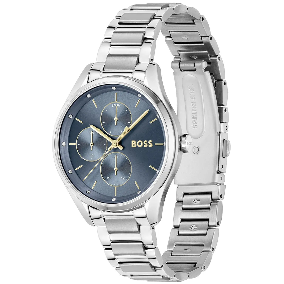 Hugo Boss Grand Course watch from angled view showing blue dial face, three subdials, and full silver metal bracelet