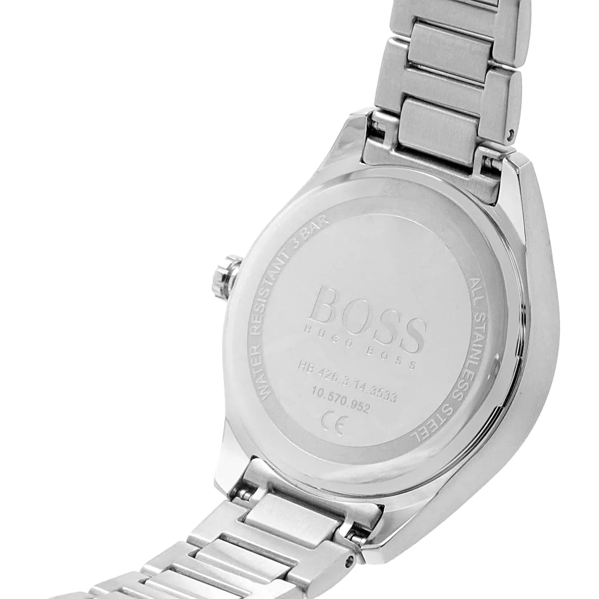 Hugo Boss Grand Course watch rear view showing engraved caseback and metal bracelet clasp detail