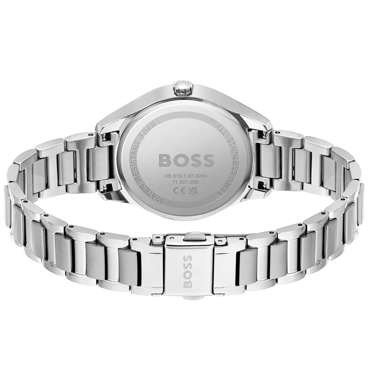 Hugo Boss Grand Course caseback engraved with BOSS logo and watch specifications on stainless steel