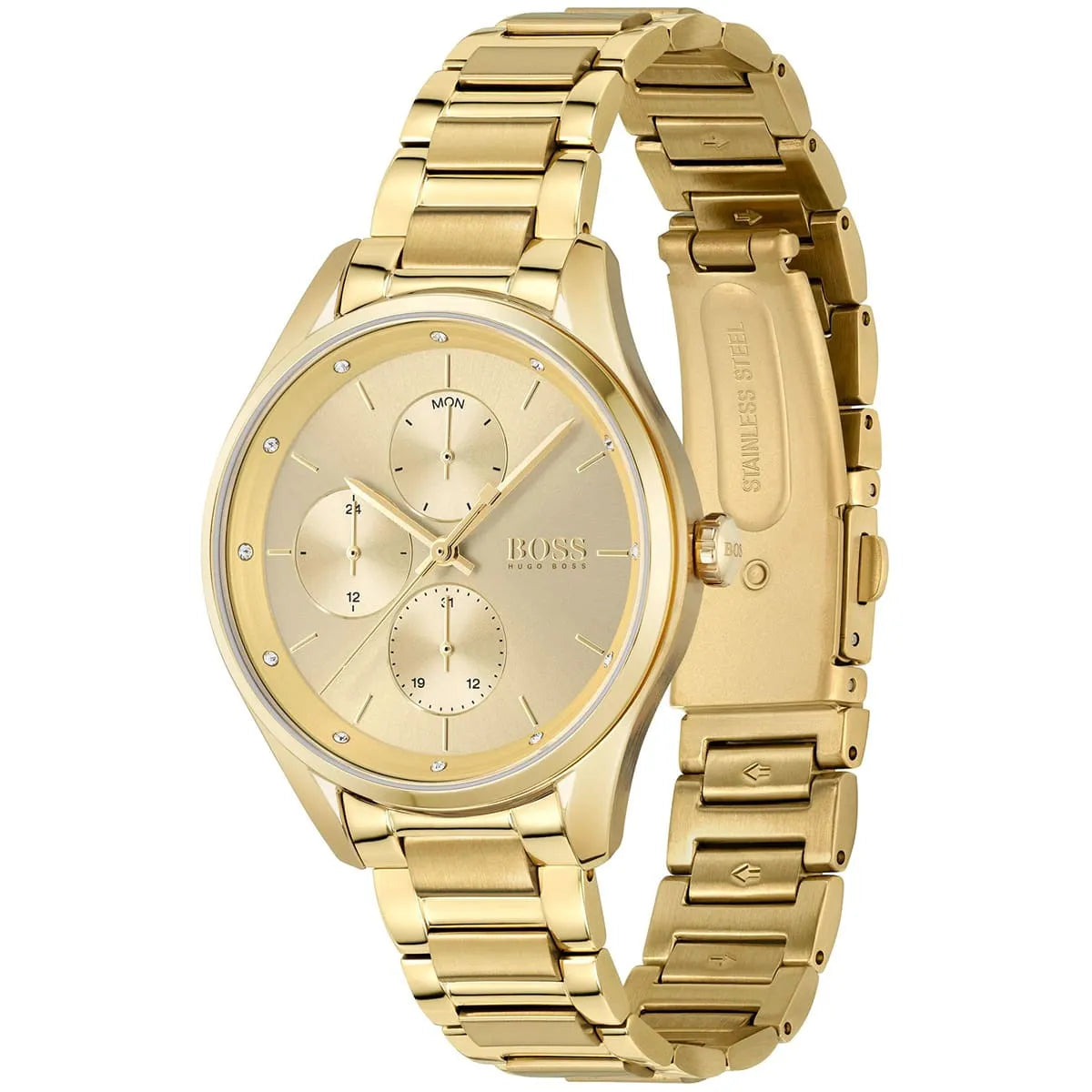 Hugo Boss Grand Course gold watch with multi-function subdials and gold metal bracelet, angled view