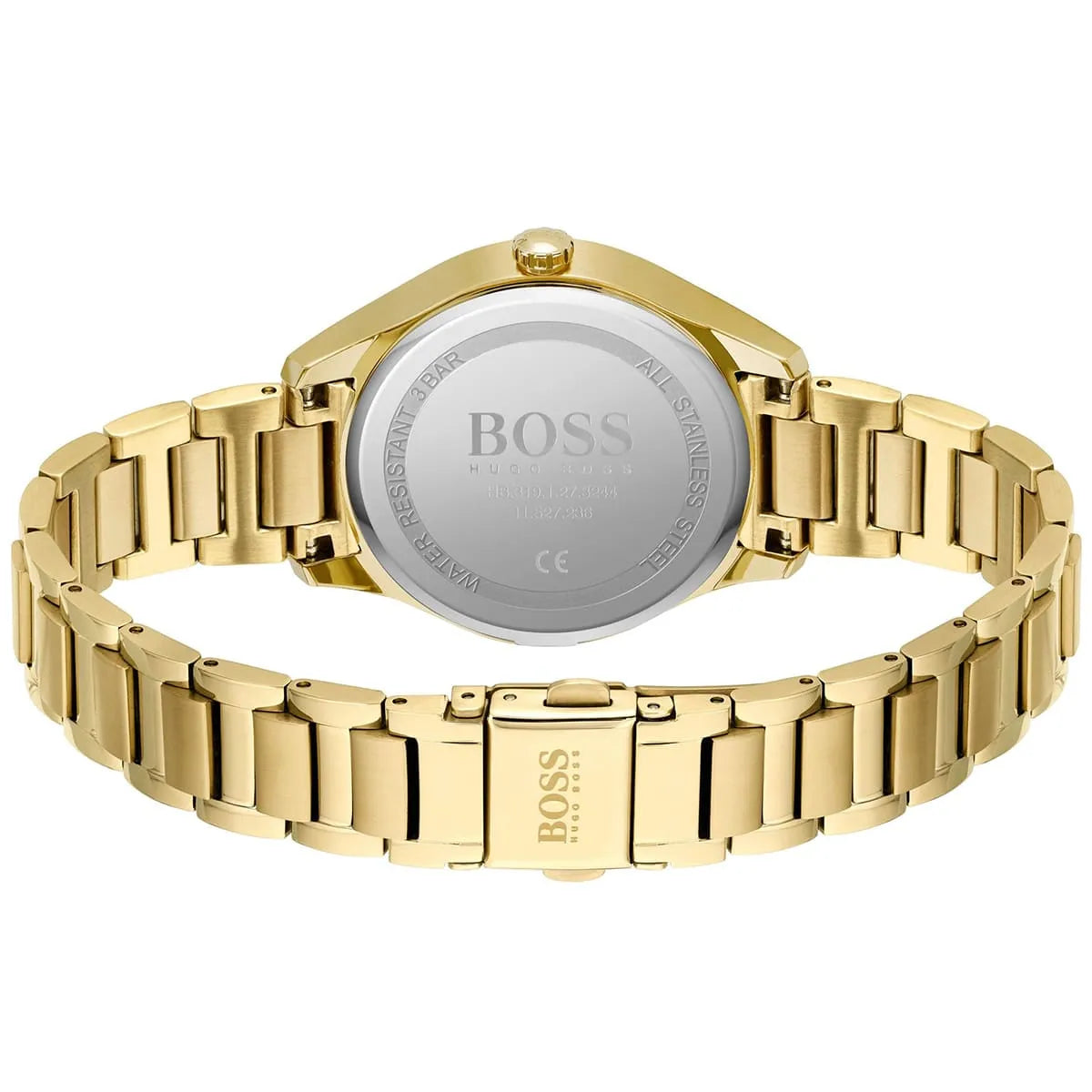 Hugo Boss Grand Course caseback with logo engraving on gold steel strap