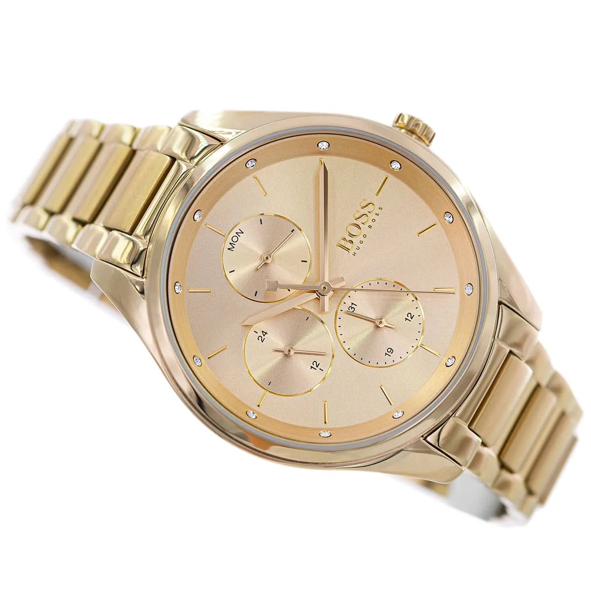 Hugo Boss Grand Course women's gold watch side view showing strap and case profile