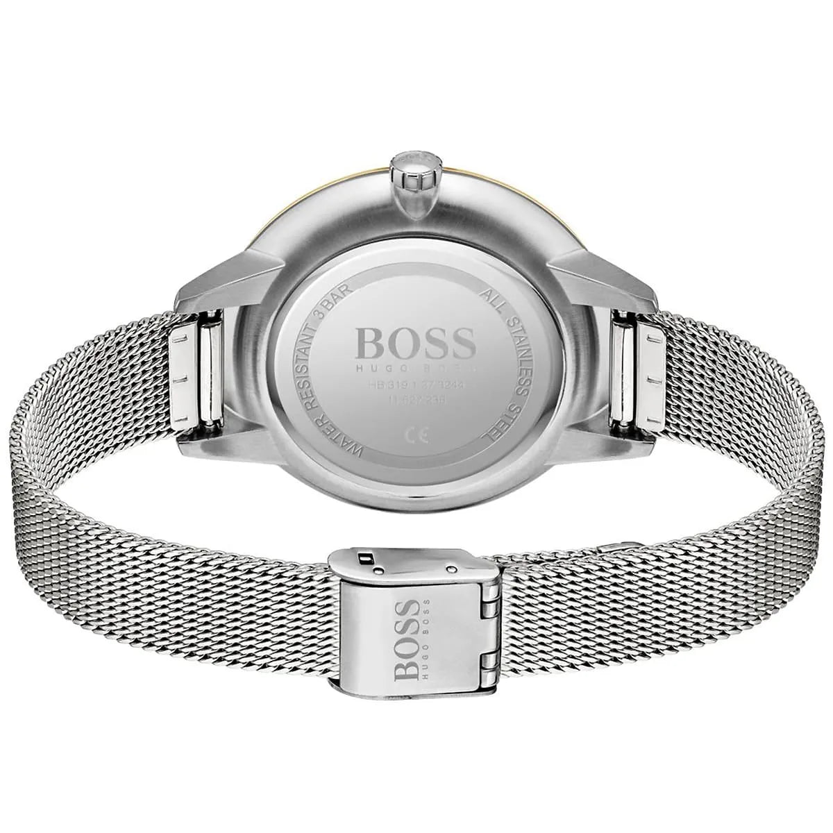 Hugo Boss Symphony watch caseback showing stainless steel case and silver mesh bracelet