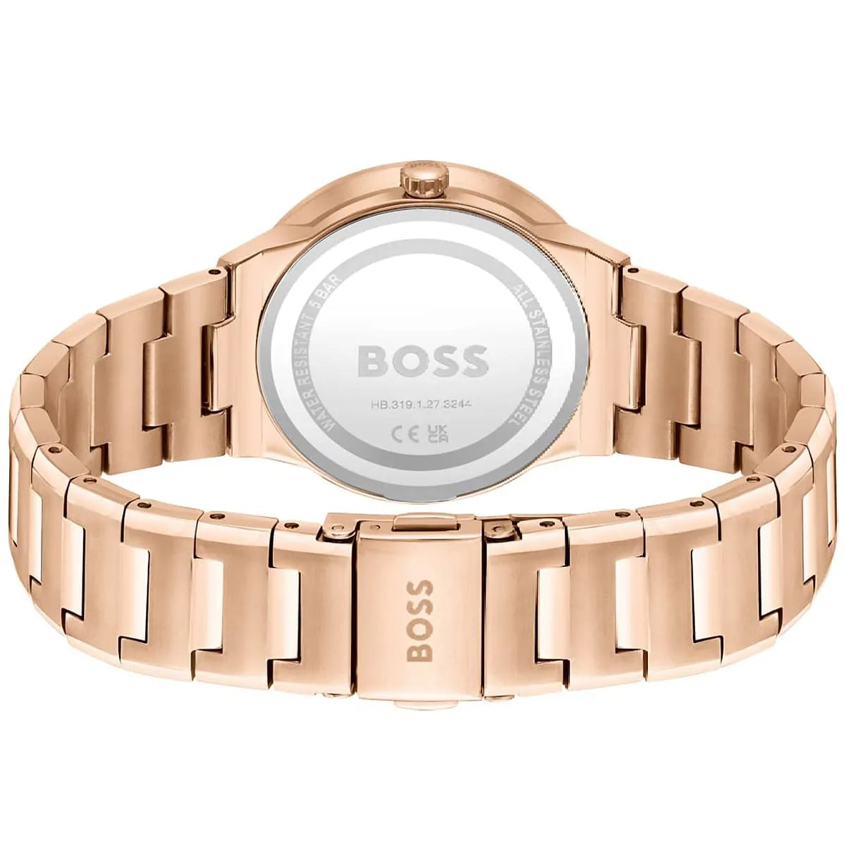 Hugo Boss Breath rose gold watch caseback with BOSS branding and model details