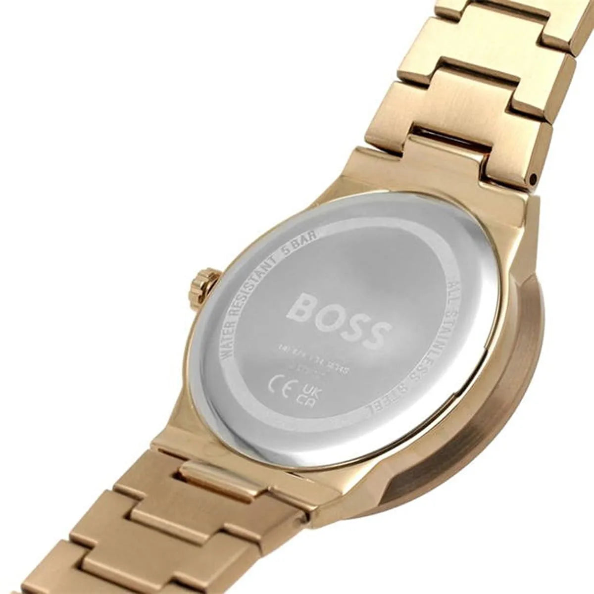 Hugo Boss Breath rose gold watch showing metal bracelet strap and crown detail