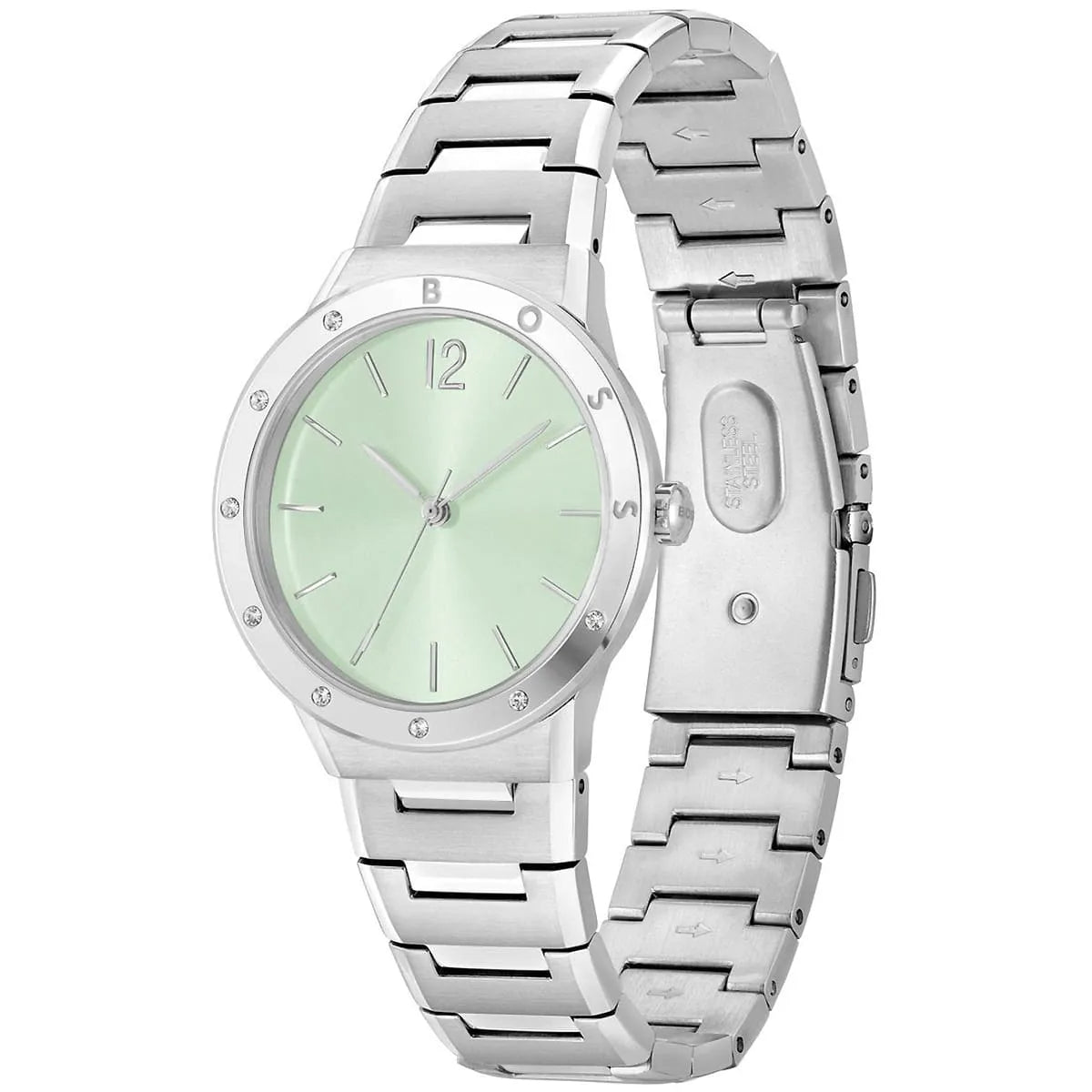 HUGO BOSS women's watch angled view showing stainless steel bracelet and pale green dial face
