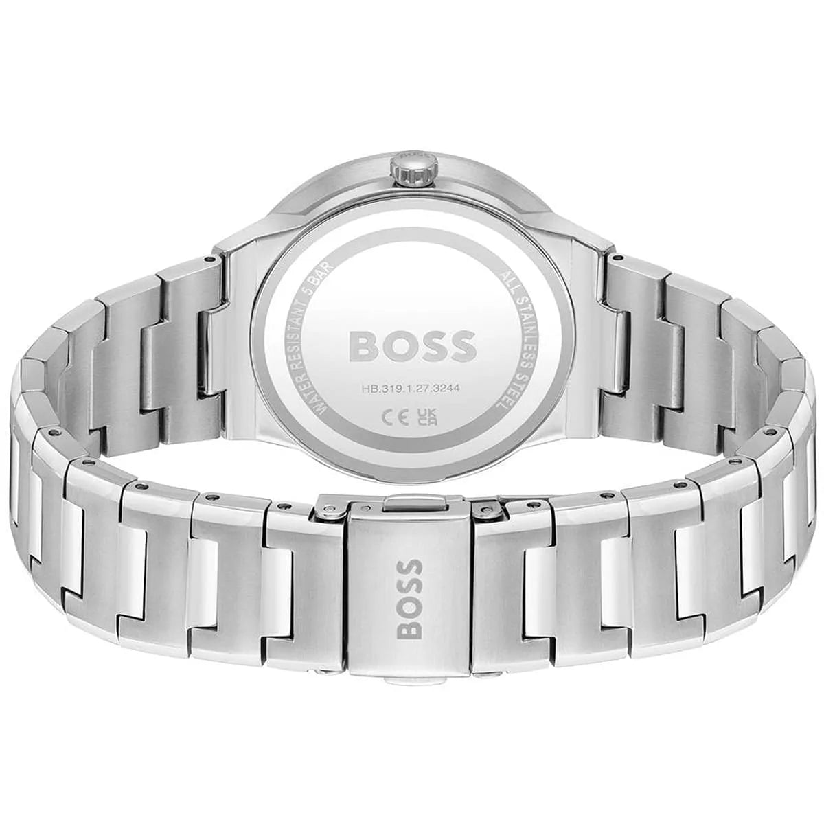HUGO BOSS caseback showing silver stainless steel bracelet construction and BOSS branding