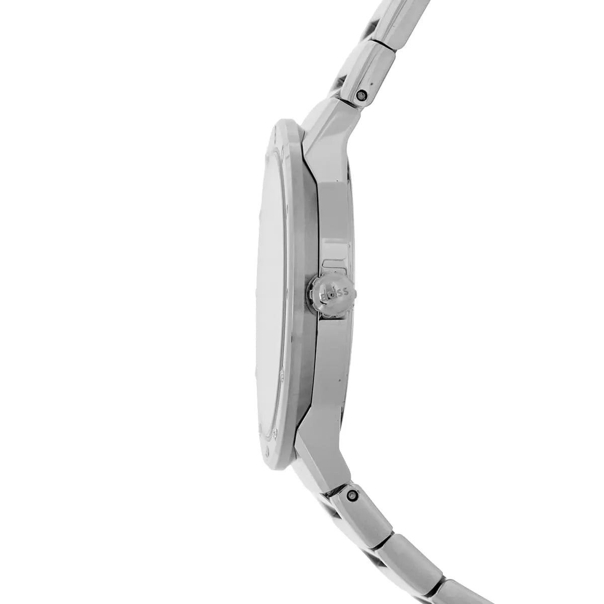 Side profile of HUGO BOSS women's watch showing case thickness and stainless steel strap