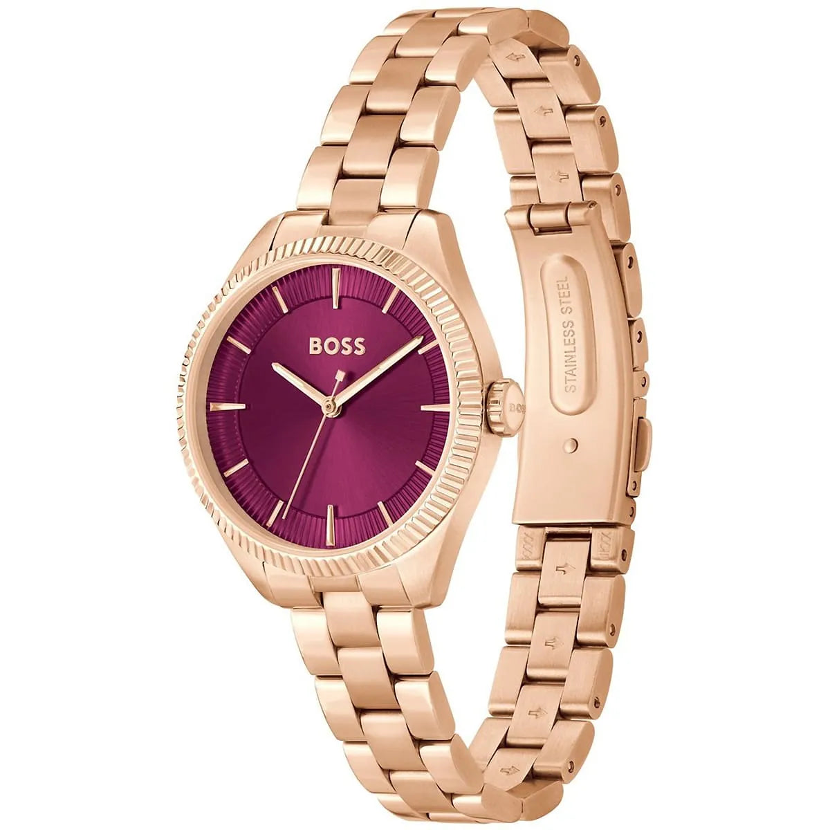 Side angle view of Hugo Boss Sage watch showing rose gold bracelet and purple face