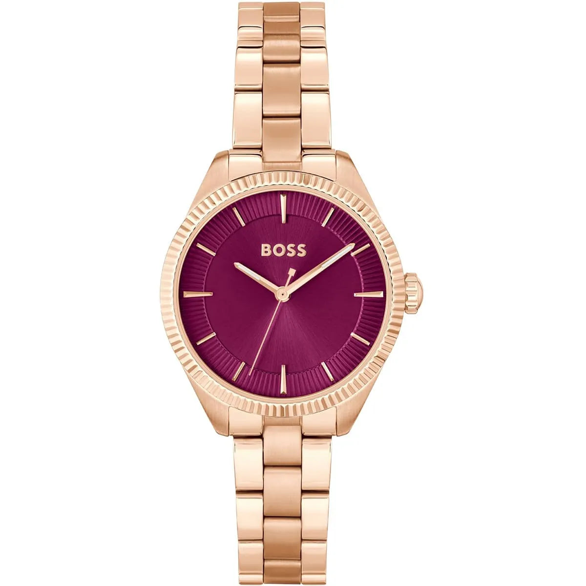 Hugo Boss Sage women's watch with purple dial and rose gold metal strap
