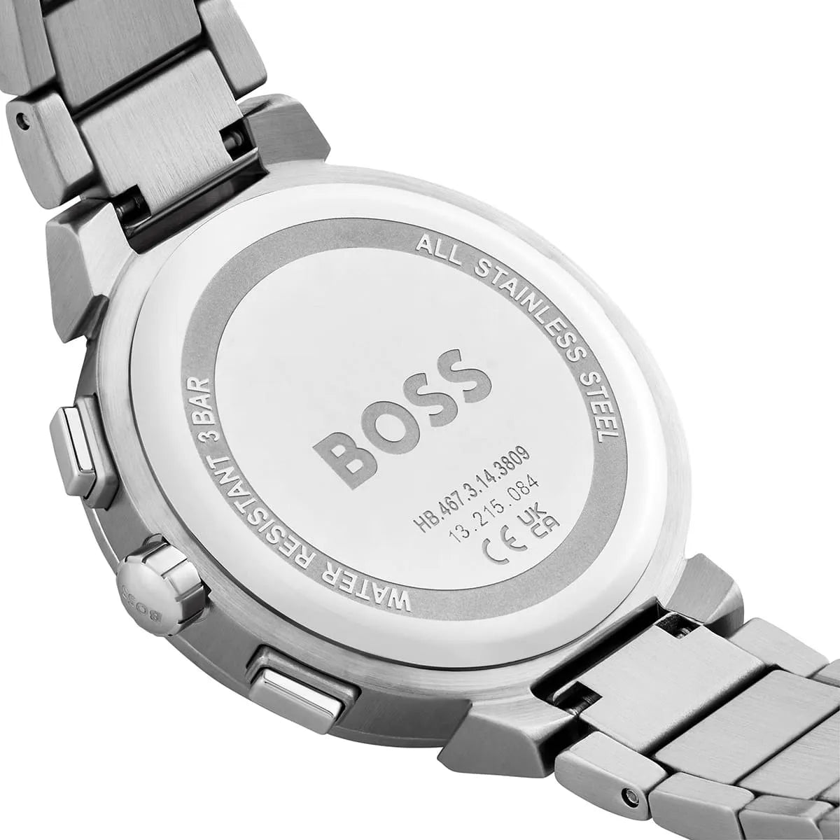Hugo Boss Candor stainless steel case back with product engraving and specifications