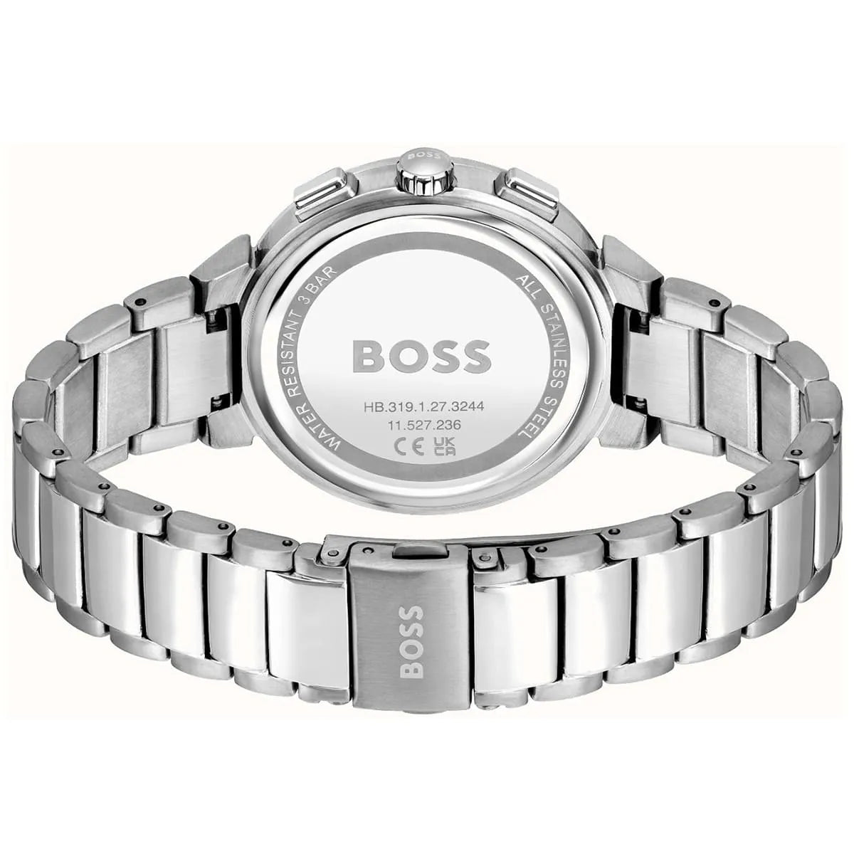 Hugo Boss Candor watch case back showing BOSS branding and stainless steel construction