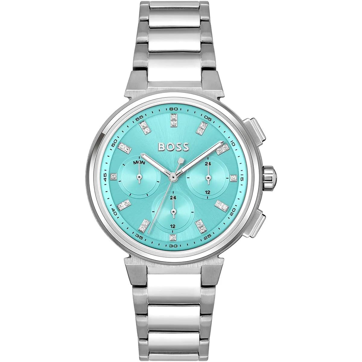 Hugo Boss Candor women's quartz watch with turquoise dial, stainless steel bracelet and chronograph subdials