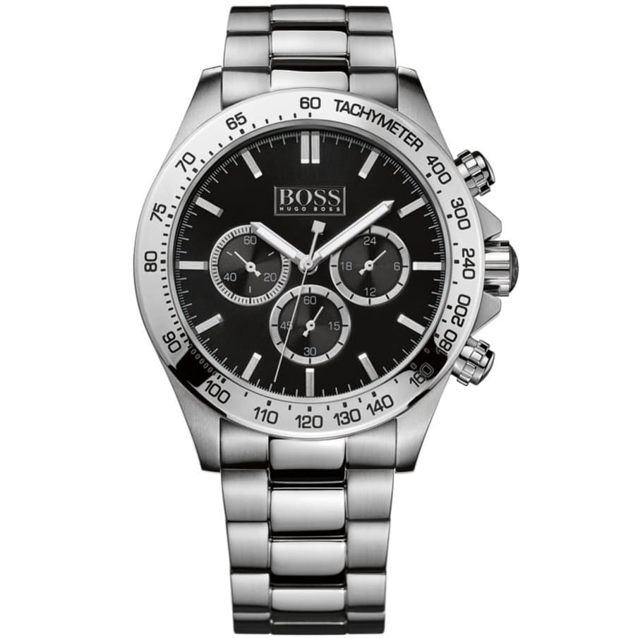 Hugo Boss Ikon chronograph watch with black dial, tachymeter bezel, and silver steel bracelet
