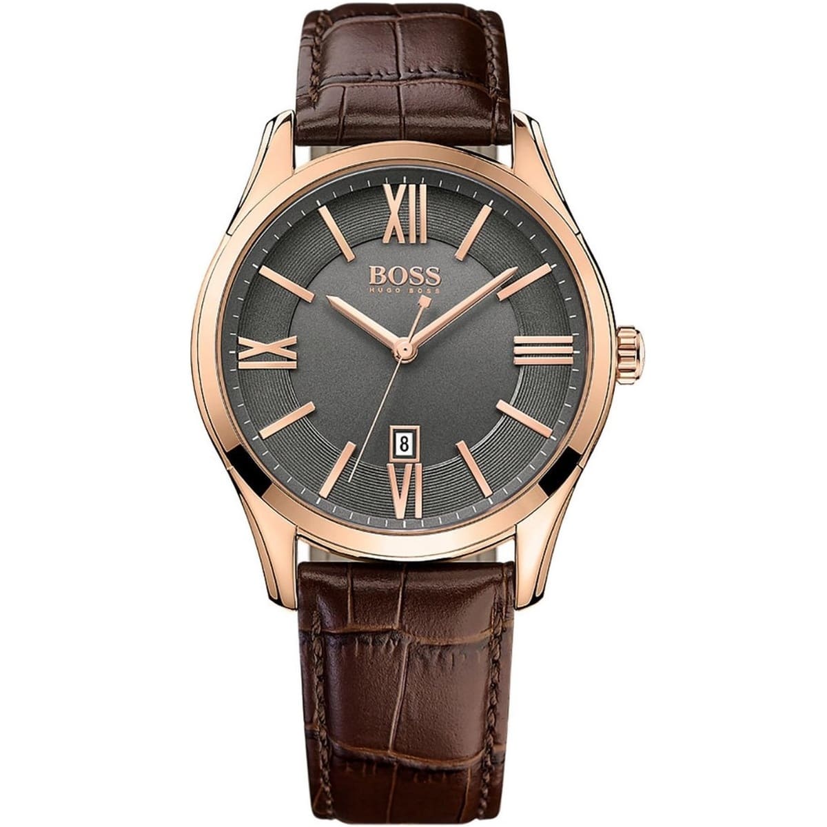 Hugo Boss Ambassador men's watch with grey dial, rose gold case, Roman numerals, and brown leather strap