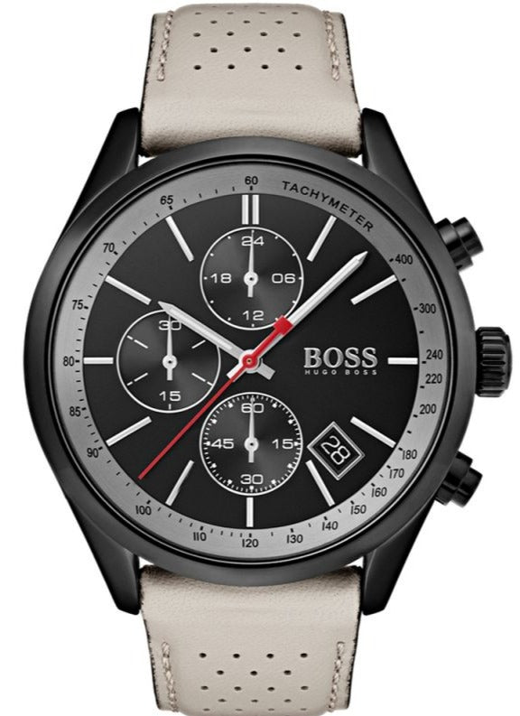 Hugo Boss Grand Prix Chronograph Black Dial Grey Leather Strap Watch for Men - 1513562 1513562 - Image 1