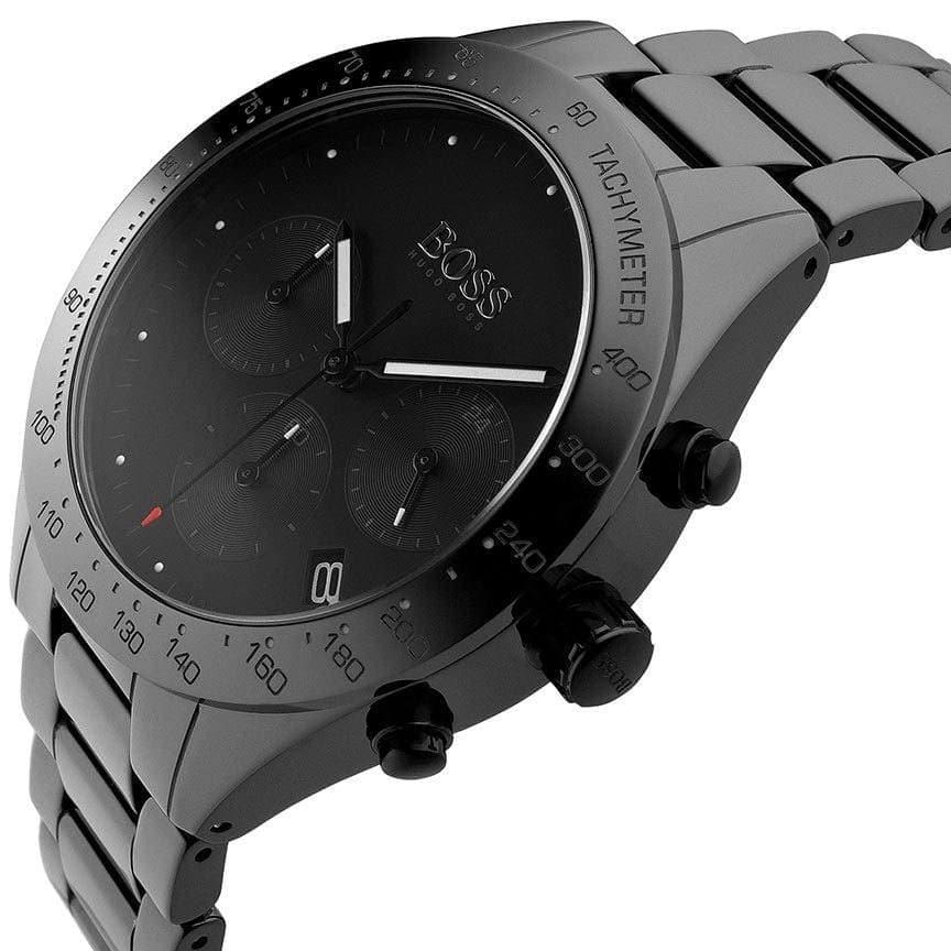 Hugo Boss Talent Chronograph side profile view showing chronograph pushers and metal bracelet