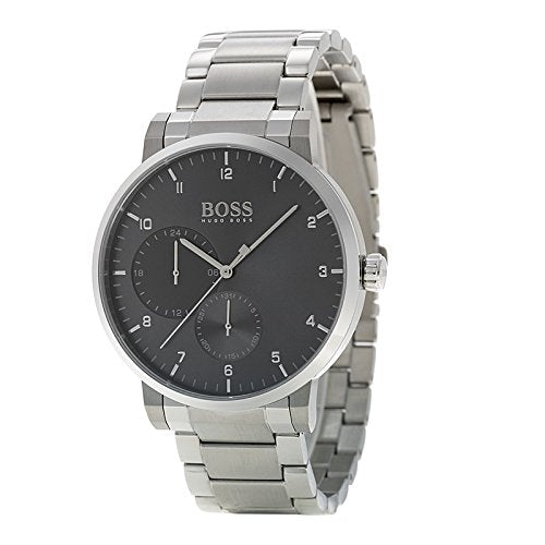 Hugo Boss PIONEER watch at angle showing black dial and metal bracelet