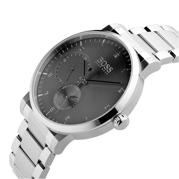 Hugo Boss PIONEER chronograph watch worn on wrist with stainless steel bracelet