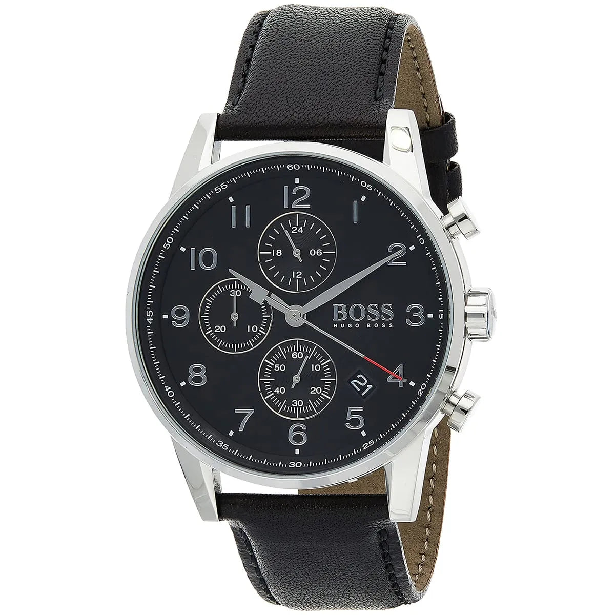 Hugo Boss Navigator chronograph watch three-quarter view showing black dial and leather strap detail