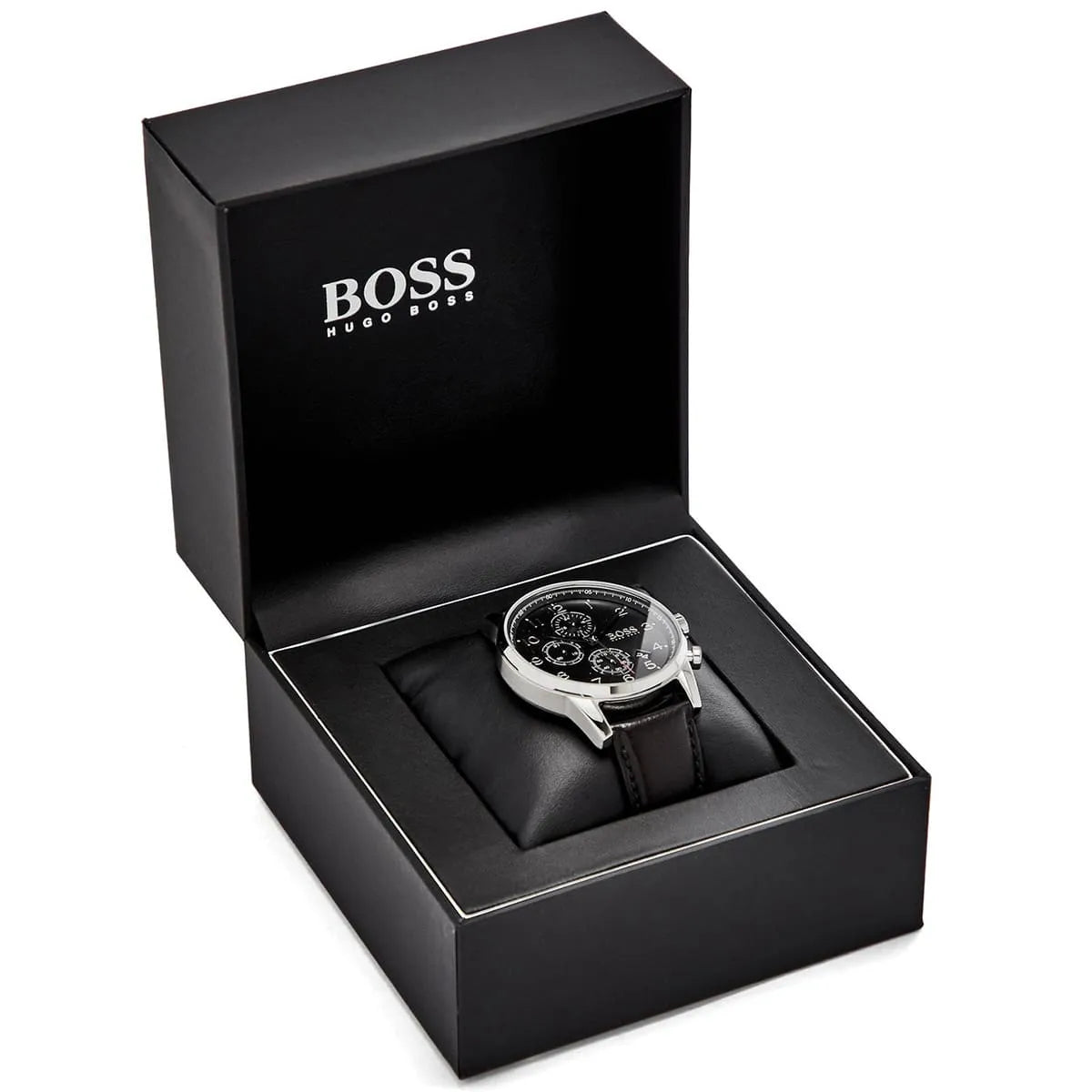 Hugo Boss Navigator chronograph watch displayed in original black presentation box with white logo