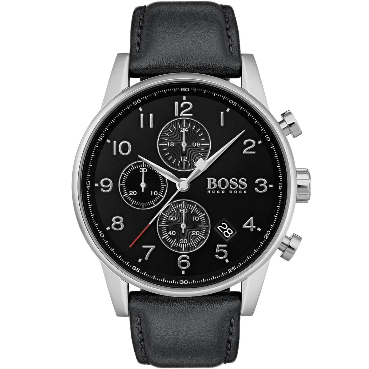 Hugo Boss Navigator chronograph watch with black dial and three subdials, stainless steel case, black leather strap