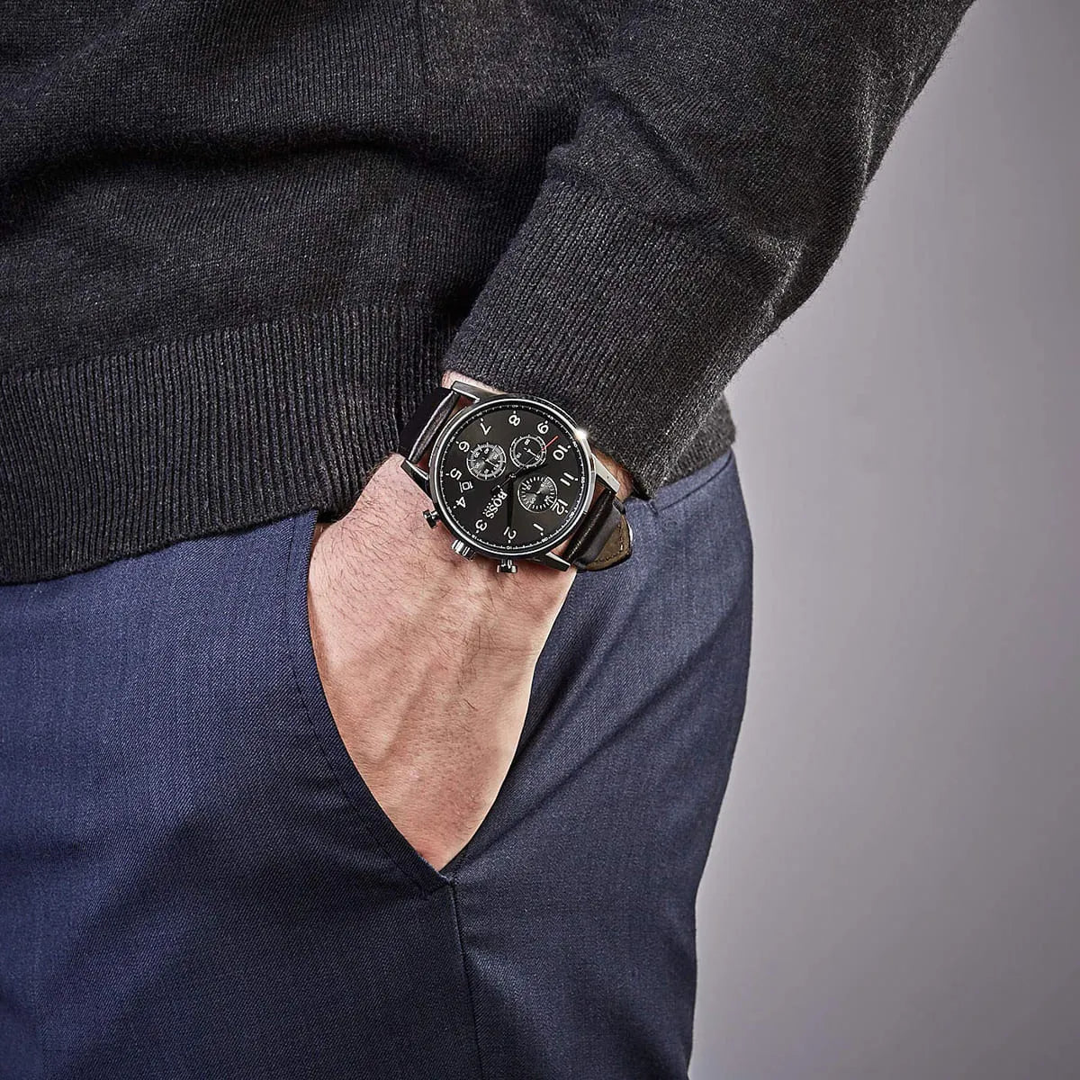 Hugo Boss Navigator chronograph watch worn on wrist showing black dial and leather strap on model