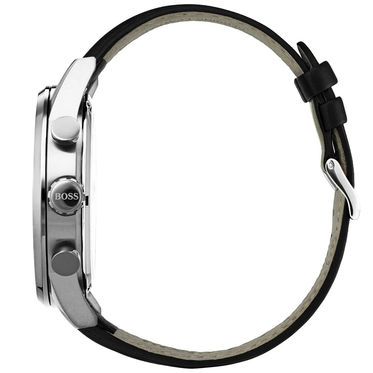 Hugo Boss Navigator watch strap detail showing black leather band with white stitching and metal buckle