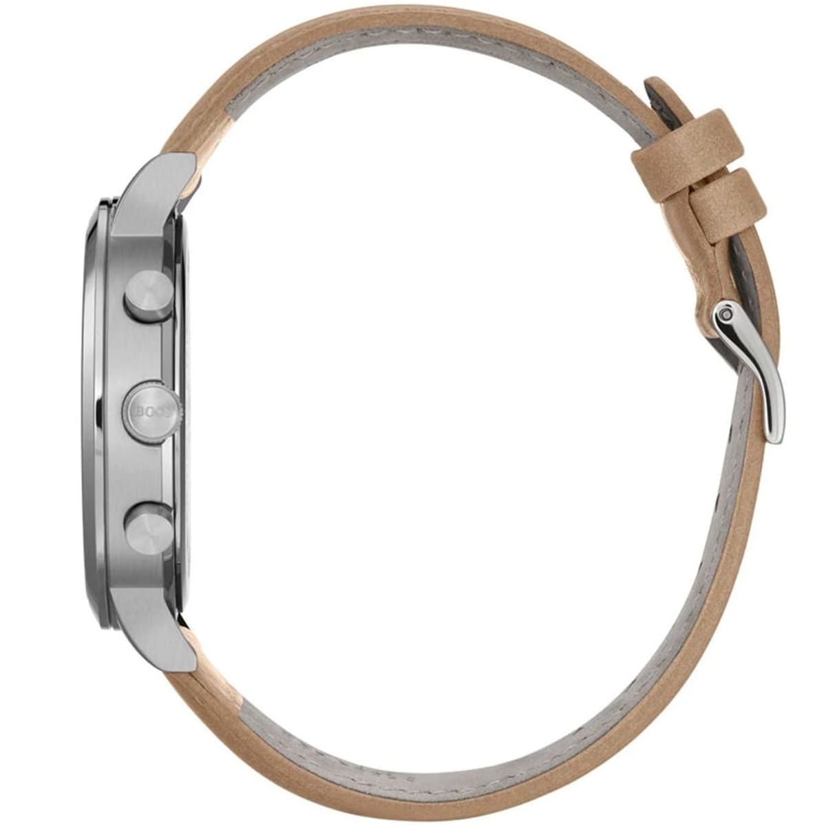 Side view of Hugo Boss chronograph watch with brown leather strap