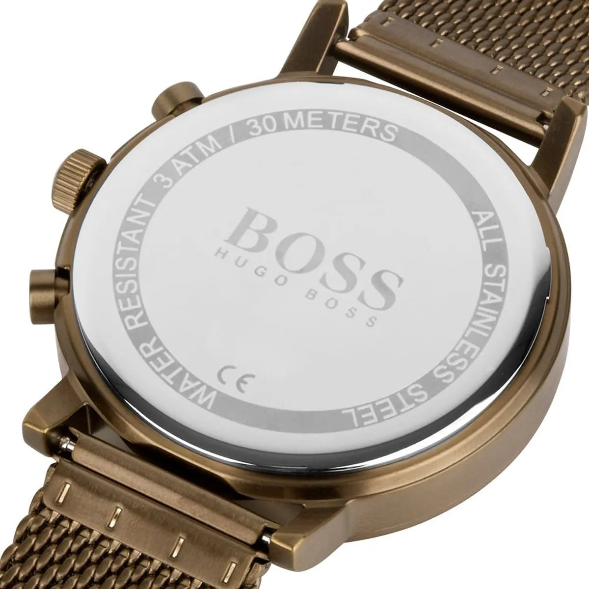 Engraved caseback showing BOSS logo, water resistance 30 meters rating