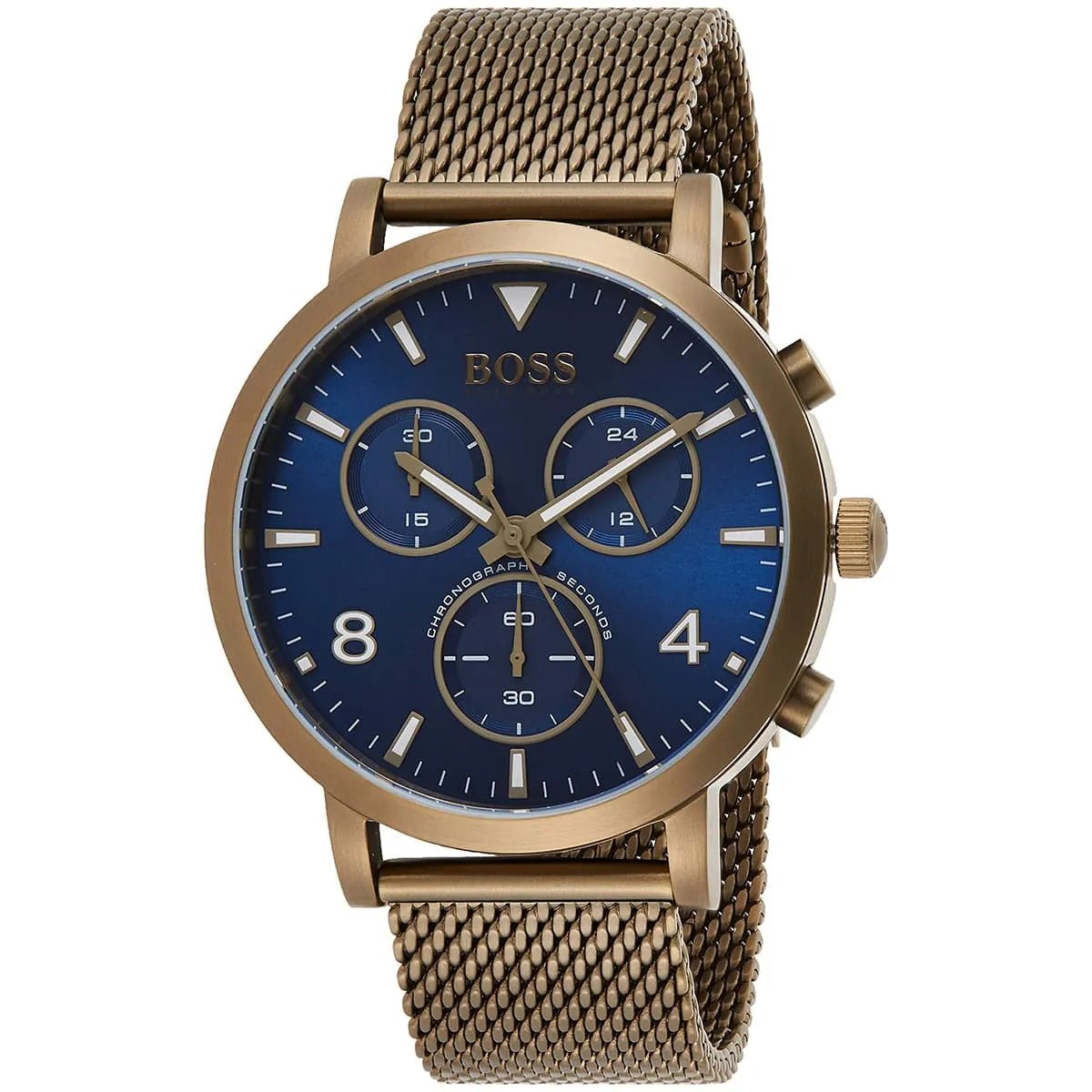 Hugo Boss Spirit chronograph watch three-dial display on wrist-ready angle view