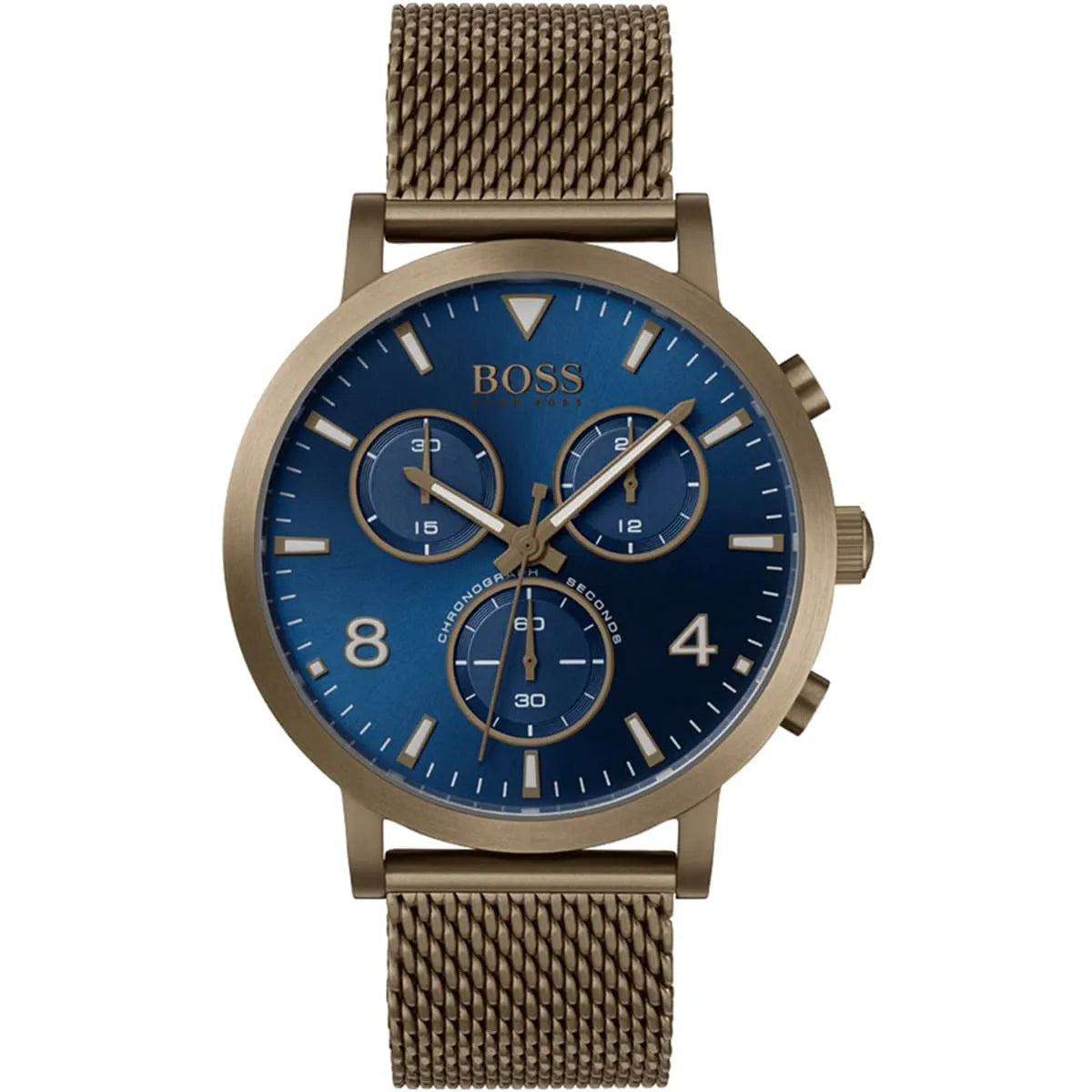 Hugo Boss Spirit chronograph men's watch with blue dial, brown stainless steel case and mesh strap