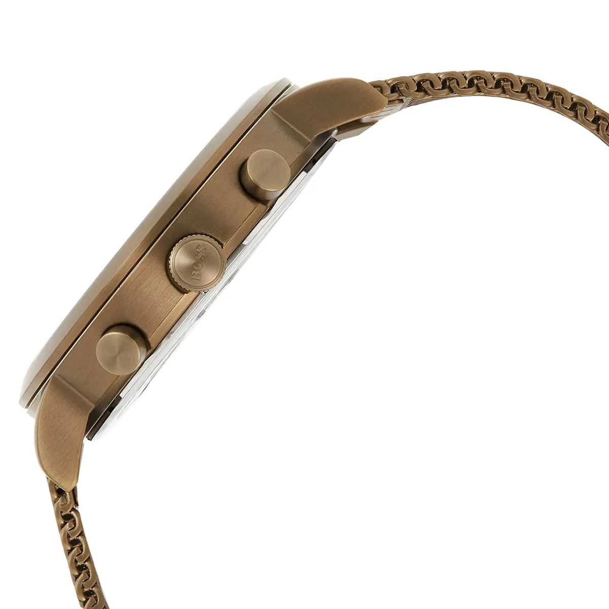 Side view of watch showing chronograph pushers and mesh strap attachment