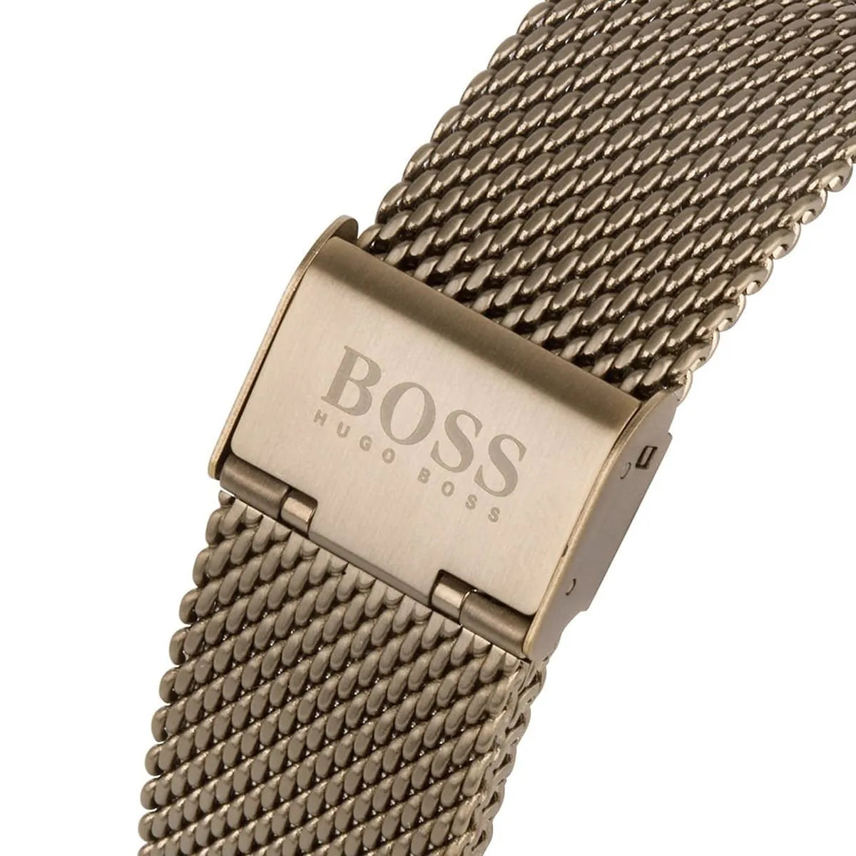 Close-up of mesh strap clasp with BOSS engraving
