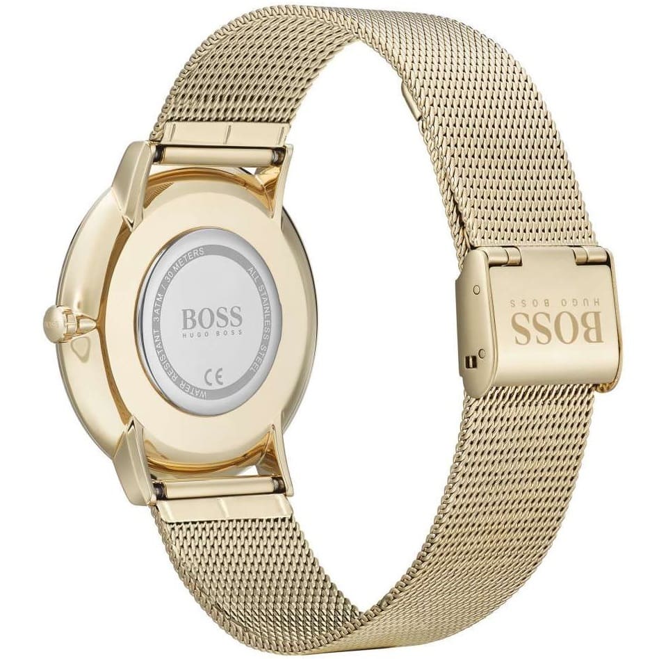 Hugo Boss Horizon watch caseback with BOSS branding and gold mesh bracelet